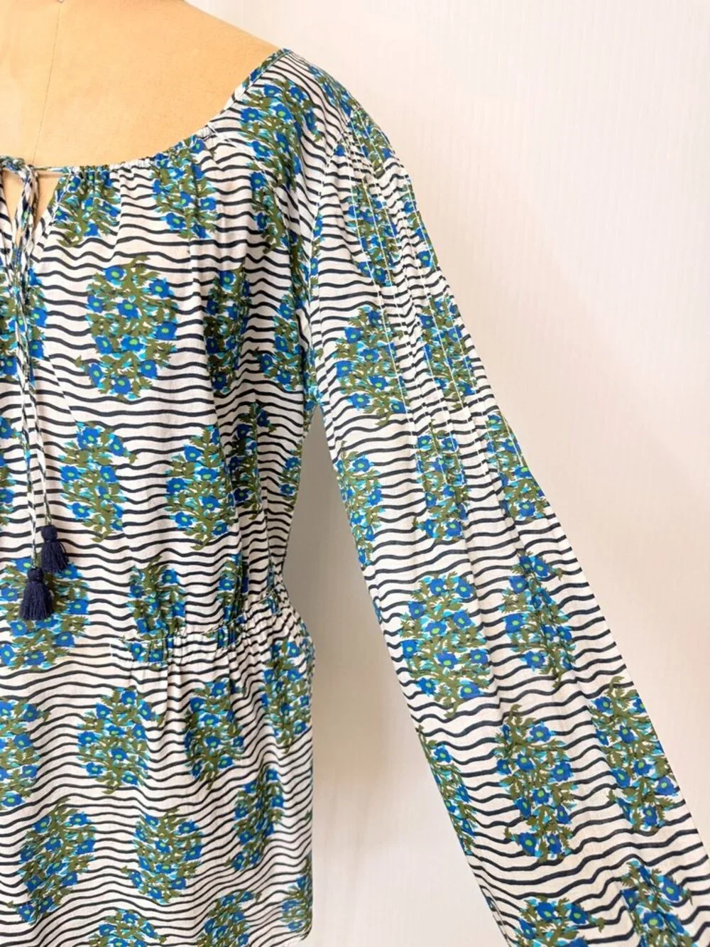 Tory Burch Blouse Women 12 Floral Stripe Tassel Boho Peasant Top Resort Work Ex